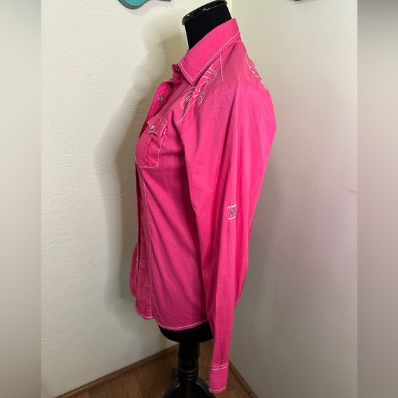 Cruel Hot Pink Embroidered and Studded Long Sleeve Pearl Snap Shirt Size S - Picture 5 of 8